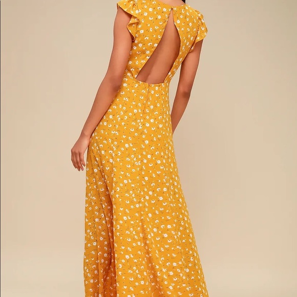 Lulus Fresh Picked Mustard Yellow Floral Print Backless Maxi Dress - Picture 4 of 7